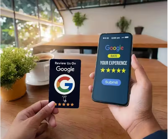 Customer tapping a Google review card in a cafe