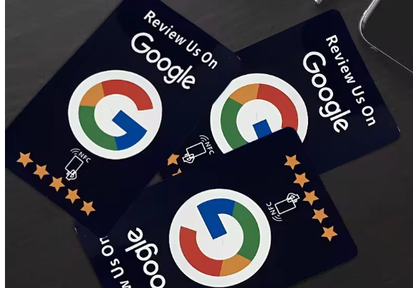 Google review cards on a desk