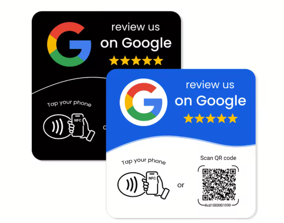 NFC and QR Google review stickers in black and blue