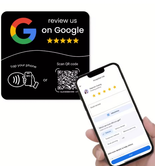 Customer posting a Google review after tapping the sticker