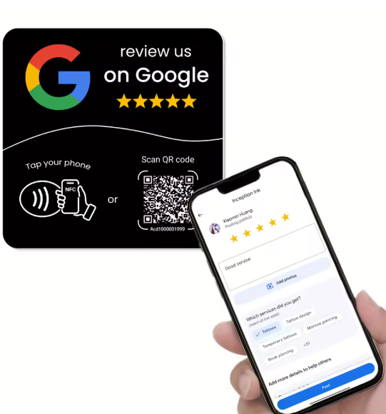 Customer posting a Google review after tapping the sticker